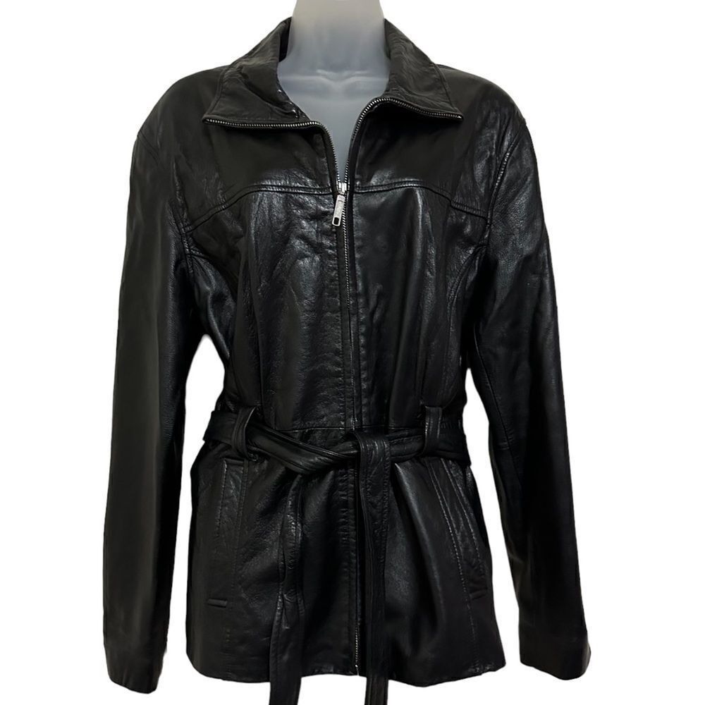 Outbrook Vintage Lambskin Leather Zip Tie Waist Black Midi Trench Jacket Coat